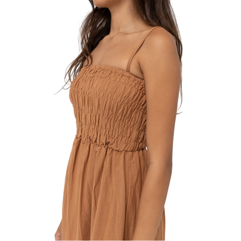 Rhythm Classic Shirred Midi Dress - Carmel