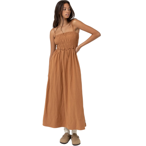 Rhythm Classic Shirred Midi Dress - Carmel