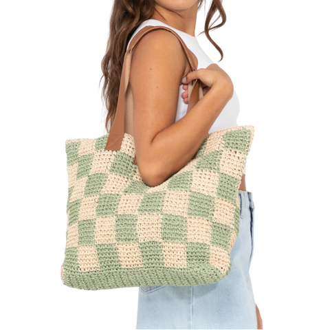 Rusty Checkmate Straw Beach Bag - Mint